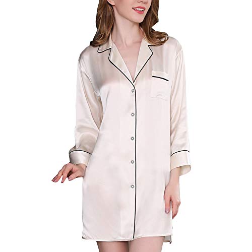 Chemise de nuit manches longues en soie thermorégulatrice et col cranté boutonné