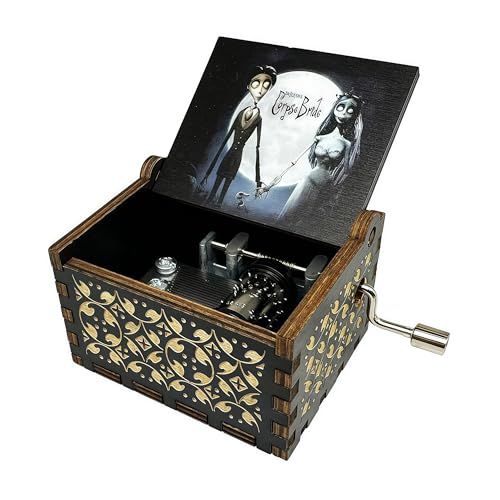 Teykst Caixa de música de madeira com manivela CorpseBride, caixa de madeira antiga com design gravado, presentes decorativos colecionáveis para aniversário, dia dos namorados, Halloween, Natal
