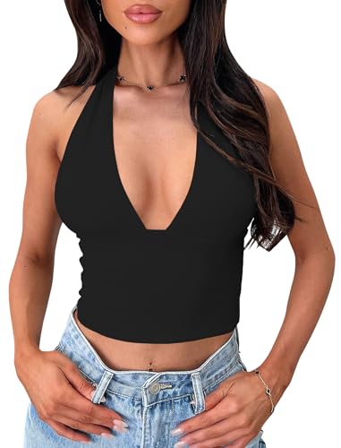 Balimtoy Halter Tops for Women Y2k Deep V Neck Backless Going Out Crop Tank Top Sexy Summer Cami Shirts