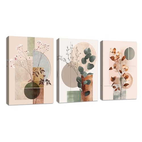 3Pcs Beige Géométrique Abstrait Tableau Decoration Murale, Botanique Feuille d'eucalyptus Affiche Decoration Murale Moderne Floral Tableau Peinture Sur Toile...
