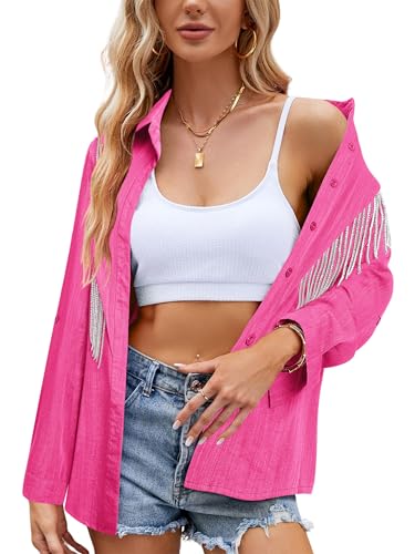 Image of MYMORE Womens Sparkly Fringe Shirt Western Cowgirl Country Concert Outfit
