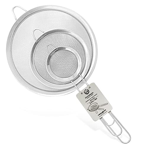 Küche Mania Stainless Steel Sieve Set - Strong, Sturdy Handles Set of 3 Sieve Mesh, 7cm, 12cm, and 18 cm Stainless Steel, Rust Free Strainers and No Sharp Edges (Set of 3)