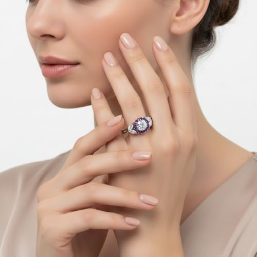 Image of 55Carat Choose Your Gemstone Flower Halo Split Shank Diamond CZ Ring Sterling Silver Round Shape Halo Engagement Rings Everyday Jewelry Wedding Jewelry Handmade Gifts for Wife US Size 4 to 12