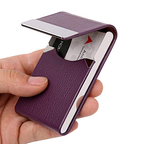 Dmfly Leather Business Card Holder For Women Leather Business Card Case Slim Professional Name Card Holder With Magnetic Shut, Purple #TOP12
