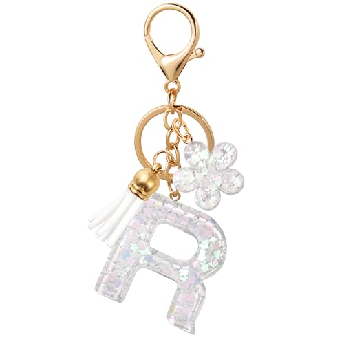 ANHBKAR White Flower Initial Keychain - Resin Letter R Bag Charm for Women, Girls (R-WHITE)