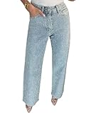 Sexyshine Women's Diamond Rhinestone Jeans High Waist Straight Wide Leg Stretchy Bling Denim Pants(27897BE,M) Blue