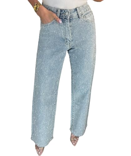 Sexyshine Women's Diamond Rhinestone Jeans High Waist Straight Wide Leg Stretchy Bling Denim Pants