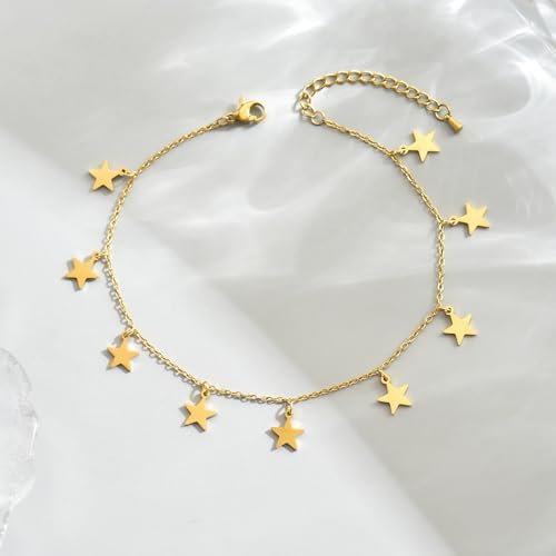 Image of 18K Gold Plated Anklets for Women Dainty Non Tarnish Ankle Bracelets Cuban Link Chain Anklets Layered Heart Beads Rhinestone Anklet Trendy Foot Jewelry