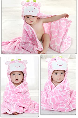 Image of TONWHAR 0-4 Years Toddlers' And Kids' Boys Girls Animal Face Hooded Blanket Baby's Bathrobe,Plush After Bath Blanket(Pink Cow)