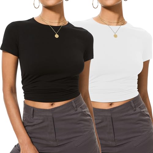 TVKSOM 3 Pack Basic Shirts for Women Short Sleeve Crew Neck Stretchy Fitted Tees Y2k Going Out Tops 2025
