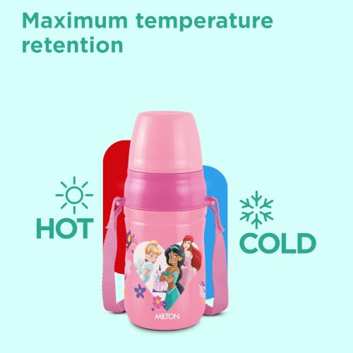 Image of MILTON Disney Kool Cheer 400 Plastic Insulated Thermo Water Bottle with Straw for School Kids I Food Grade, Leak Proof Lid with Hands Free Sipper, Easy to Carry Loop, Picnic, BPA Free, 390 ml, Pink
