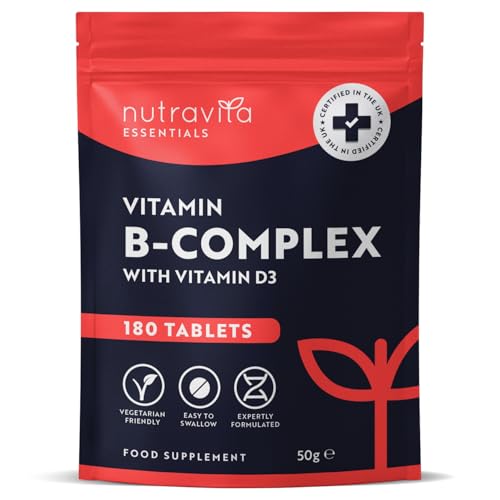 Nutravita Vitamin B Complex - 180 High Strength Tablets (6 Months Supply) - All 8 B Vitamins B1-B2-B5-B6-B12 Biotin Folic Acid and Vitamin D3