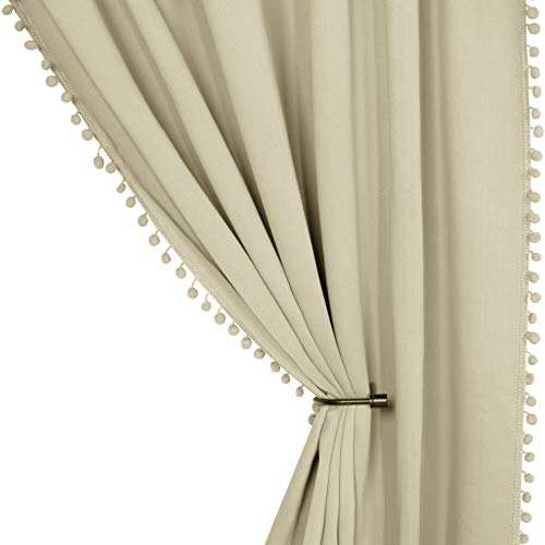 Image of LORDTEX Pom Pom Blackout Curtains for Bedroom, 42 x 95 inch, Cream, Set of 2 Panels - Thermal Insulated Curtains, Sun Light Blocking Rod/Pole Pocket Window Drapes for Living Room