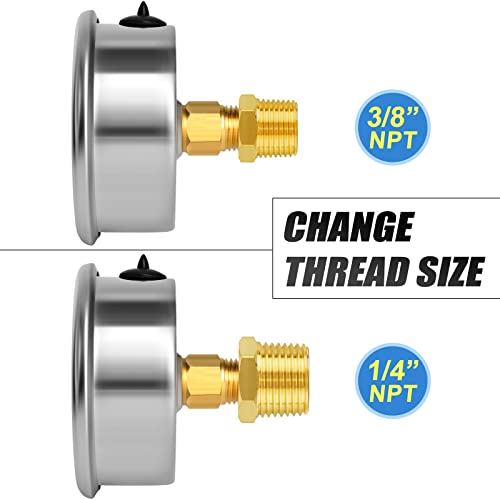 Image of MEANLIN MEASURE -30inHG~30Psi Stainless Steel 1 /8 inch NPT 2.5 inch FACE DIAL Vacuum Pressure Gauge, Center Back Mount, with 1 /4 inch NPT and 3 /8 inch NPT Hex Bushing