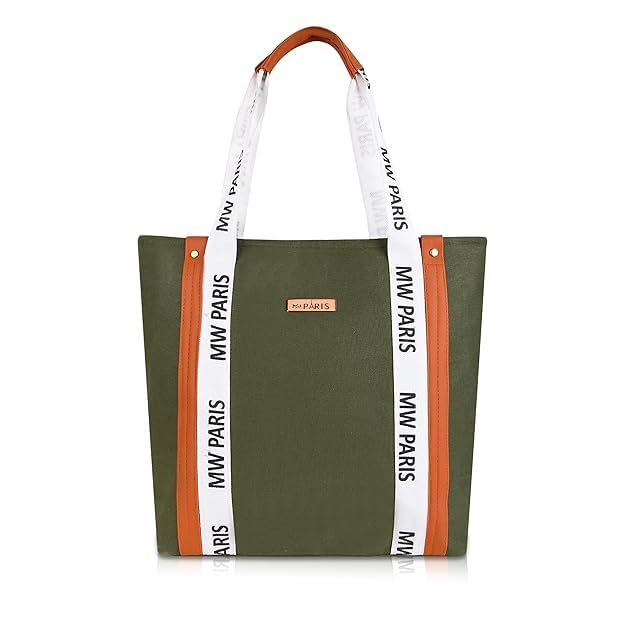 Large Canvas Tote Bag for Women – Stylish Olive Green Shoulder Bag with Printed Handles and Top Zipper Closure – Ideal for Work, Travel, and Shopping