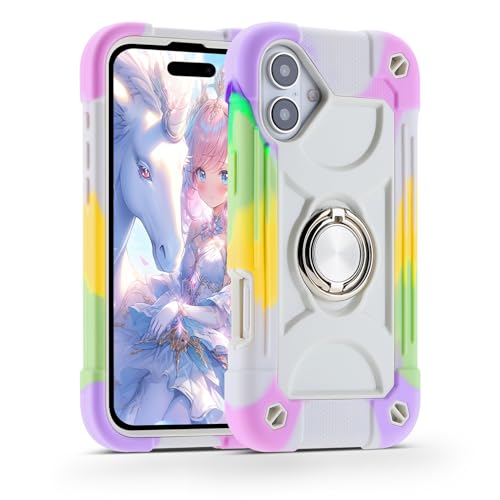 Image of MARKILL Compatible with iPhone with Built-in 360Rotating Ring Stand, Military Grade Drop Protection Full Body Rugged Heavy Duty Case Durable Cover (Rainbow White, iPhone 17)