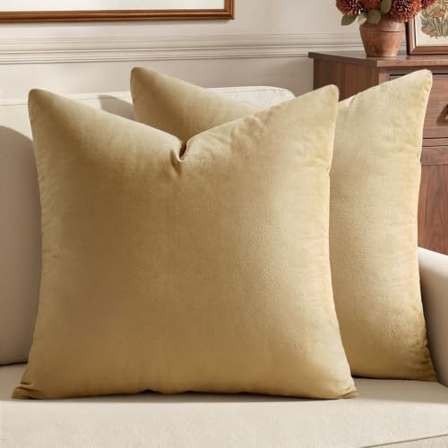 Image of MIULEE Velvet Throw Pillow Covers 20x20 Inch, Pack of 2 - Khaki, Soft Solid Decorative Pillow Covers Cushion Cases Modern Luxury Home Decor for Couch Sofa Bedroom Livingroom