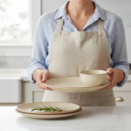 Image of Freakway Cream Matte Finish Handcrafted Dinner Set Ceramic Stoneware Dinner Set of 8 Pieces | 4 Dinner Plates & 4 Serving Bowl | Dishwasher & Microwave Safe - Off White