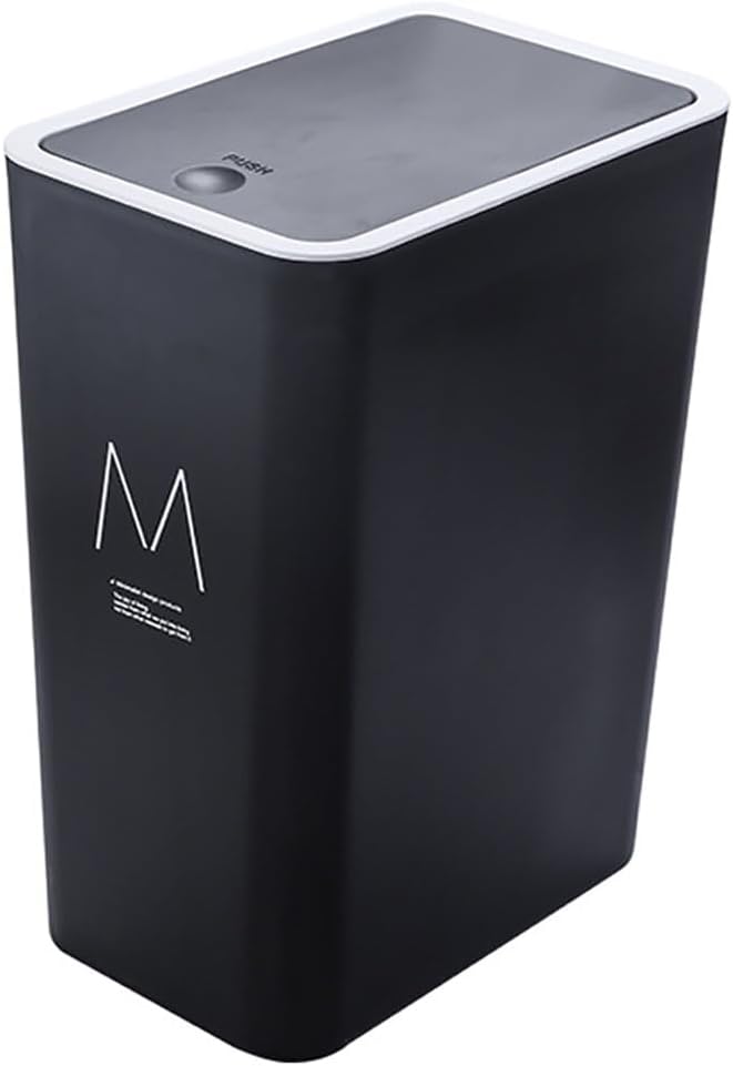 Surakey 15L Trash Can with Lid, Plastic Garbage Can with Press Spring Cover, Modern Waste Basket Portable Dustbins Narrow Waste Bin for Kitchen Bedroom Bathroom Living Room Toilet Office (White)