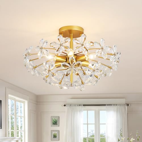 3WWWUEE Gold Flower Crystal Ceiling Light 18'' Vintage Semi Flush