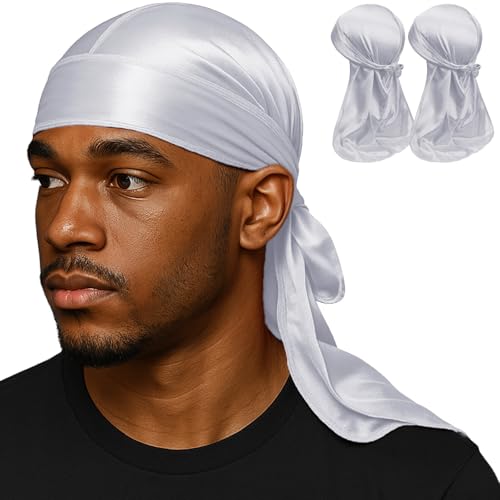 DURALA 2 PCS Silky Durag Pack for Men Women Waves Premium Satin Deluxe Du-rag (White+White)