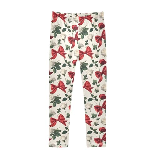 White Roses Red Bows Girls Leggings Ultra Soft Compression Yoga Gym Pants for Kids 4-10T
