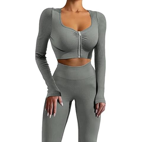 Workout Sets for Women Long Sleeve Zipper Crop Top Jacket Seamless Ribbed High Waist Leggings 2 Piece Gym Yoga Outfit, Zipper Gray, Large Cover