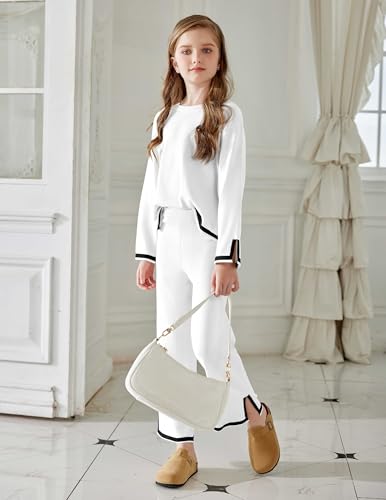 Image of Arshiner Girl's 2 Piece Outfits Long Sleeve Knit Pullover Sweater Tops Wide Leg Pants Casual Fall Sets Tracksuits