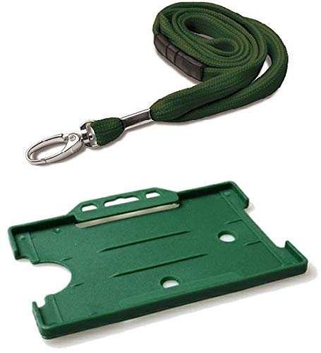 Identity-Plus: Green Neck Lanyard (Recycled Material, Metal Lobster Clip, Safety Breakaway) with Green Single Sided Landscape ID Card Holder (25)
