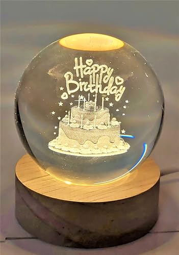 Image of 3D Happy Birthday Crystal Ball USB LED Night Light, 6 Cm Glass Ball Night Lamp With Woodern Base, Decorations Gifts For Men & Women Meditation Or Relaxation