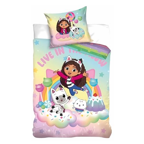 arlis Parure de Lit Gabby's Dollhouse, Housse de Couette Réversible 140x200 cm, Taie d'oreiller 65x65 cm (Parure de lit Gabby's Dollhouse)