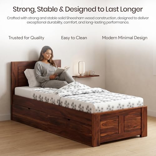 Image of WOODLAB Furniture Single Size Bed with Drawer Storage Wooden Single Cot Bed for Bedroom Home (Honey Finish)
