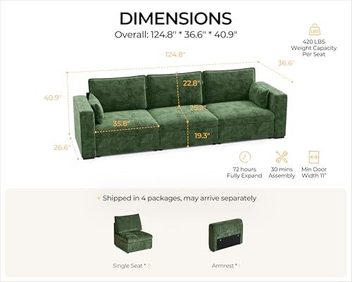 Image of 124.8'' Oversized Modular Sofa Comfy Cloud Couch with Storage, Extra Wide Sectional Sofa for Living Room, Covers Washable, 3-Seater, Chenille, Green