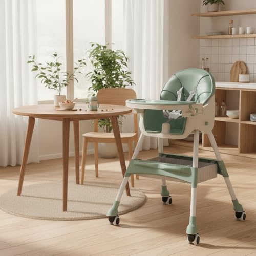 Image of Mealtime Plus Baby High Chair for Feeding, Adjustable Height, Double Food Tray, Seat Cushion, Storage Bag & Lockable Wheels, Foldable Feeding Chair for Babies & Toddlers, Teal