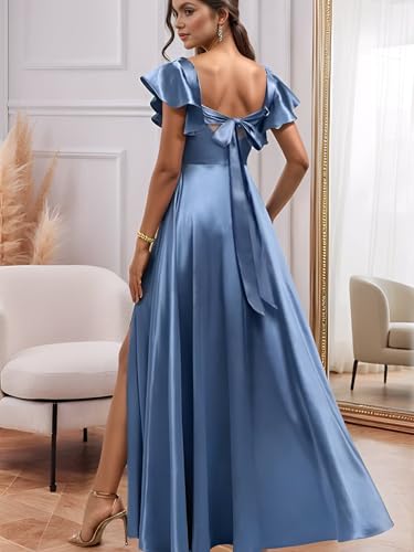 Monlity Satin Bridesmaid Dresses with Slit Long Square Neck A Line Short Sleeve Formal Evening Dress for Women2