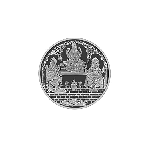 Image of MAA SILVER Pure Silver Laxmi Ganpati Saraswati Trimurti BIS Hallmarked Round Coin Chandi Sikka Perfect for Gifting Investment Diwali Dhanteras (999 Purity)