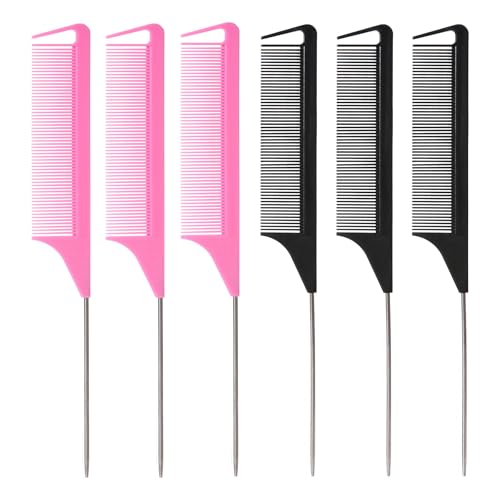 Fgail 6PCS Rat Tail Comb, Parting Combs for Braiding Hair Women/Wen, Metal Fine Tooth Combs for Highlighting and Parting(Black, Pink)