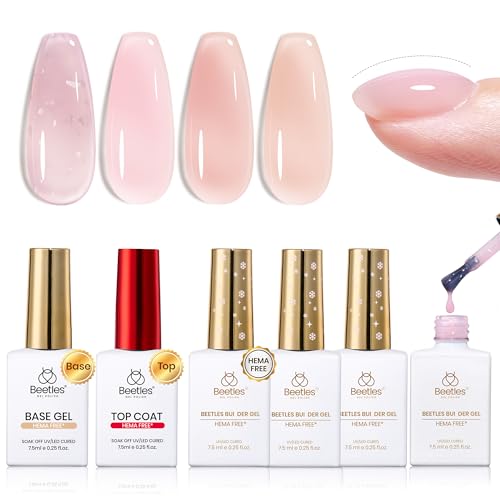 Beetles Builder Gel Set HEMA Free-Whispered Petals 4 Colors 8 in 1 Thickening Strengthening Building Instant Apex with Base&Top Coat Gel for Beginner DIY Salon at Home UV & LED Nude