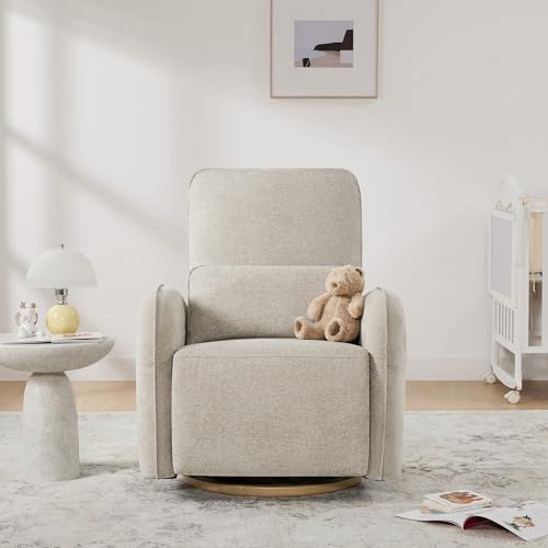 Image of CHITA Power Swivel Glider Recliner Chair, Nursery Rocker, Fabric in Khaki | Electric Recliner with Removable Lumbar Pillow, FSC Certified, Comfortable Rocking Chair for Living Room & Nursery