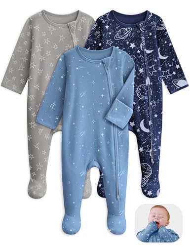 Image of Unnivoll Baby Pajamas 100% Cotton Baby Sleepers for Newborn 0-3 3-6 6-9 Months 3Pcs Footie Pajamas Baby Boys Girls Clothes