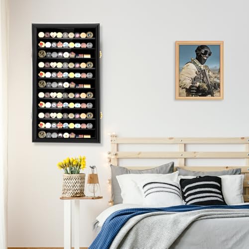 Image of Silipull Lighter Display Case Wall Mount Display Case for Lighter Detachable Wooden Cabinet W /98% UV Acrylic Door Lockable Spoon Storage Box Collection(Black Finish,80 Challenge Coin,Challenge Coin)