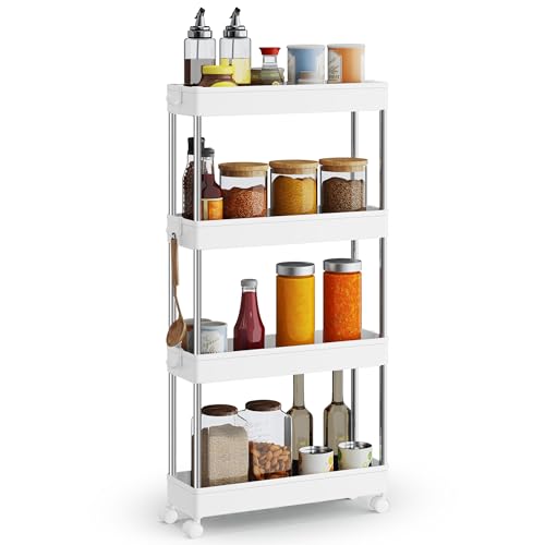 SONGMICS Chariot, Chariot de Cuisine à 4 Niveaux, Étagère de Cuisine, Étagère Étroite, avec 6 Crochets, Structure en Acier, Salle de Bain, 14,4 x 42 x 86...