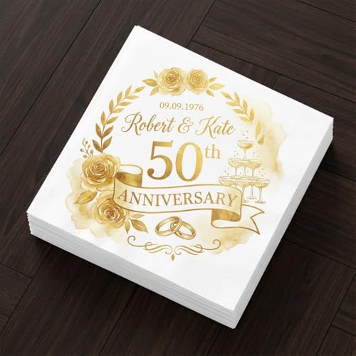 Custom 50th Wedding Anniversary Napkins - Cocktail Napkins with Names & Date for Gold Anniversary Party Decor Custom 5 10 15 25 75th Years Wedding From 15 to 500pcs for Guest Style 1