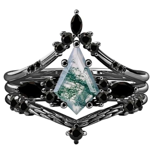 LELOUCHY Natural Kite Cut Moss Agate Engagement Black Ring Set for Women 925 Sterling Silver Genuine Green Moss Agate Bridal Rings Set for Her Moss Agate Promise Wedding Ring Set