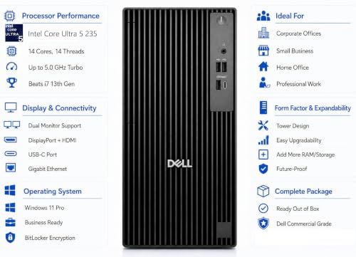 Image of Dell Pro Tower QCT1250 2026 Business Desktop PC, Intel 14-Core Ultra 5 235 14-Core up to 5.0GHz, Copilot AI, 16GB DDR5 RAM, 512GB PCIe SSD, 4K Dual Monitor Support, Windows 11 Pro