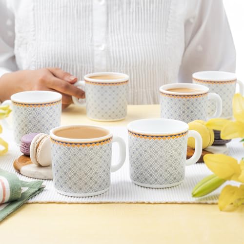 Image of Larah by BOROSIL 180ml x 6pc Opalware Kosmia Tea /Coffee Mug Set, Microwave & Dishwasher Safe Embossed Design Crockery Set Ideal for Daily Use & Gifting