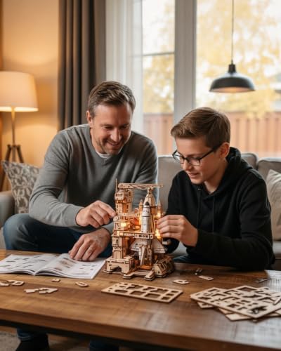 Image of ROKR 3D Wooden Puzzles Space Shuttle-Dynamic Launch Base with Motorized Lift, LED Light Effects, 1:420 Scale Collectible Building Kit Airplane Wooden Puzzles Gift for Adults