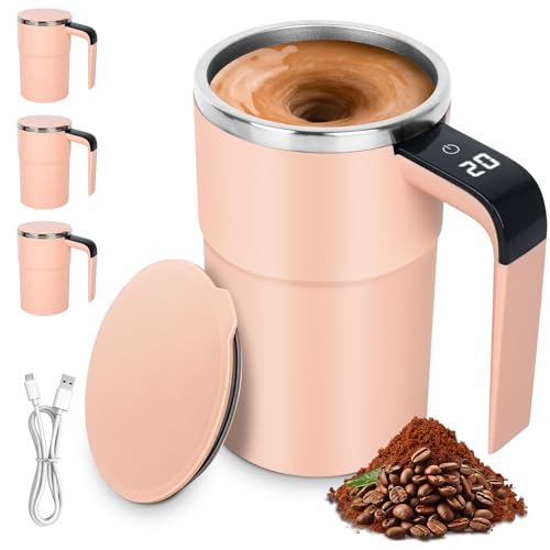 Mineup Tazza Automescolante, 380 ml Tazza da Caffè Magnetica Automatica, Tazza Caffe per Agitazione Automatica con Indicatore di Temperatura, per Latte, Cacao, Caffè, Ufficio, Casa, Viaggio (Rosa)