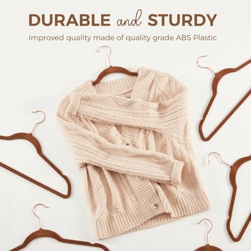 Image of ginoya Brothers Velvet Hangers,Non Slip Notched with Rose Gold Hook Coat /Suit Hangers,Space Saving 360 Degree Swivel Hook (Brown, 10 Count),Velvet