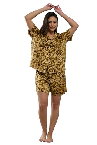 Image of YiNi LuLu Womens Silk Satin Shorts Pajamas Set Button Down 2 Piece Pjs Short Sleeve Oversized Sleepwear with Pockets